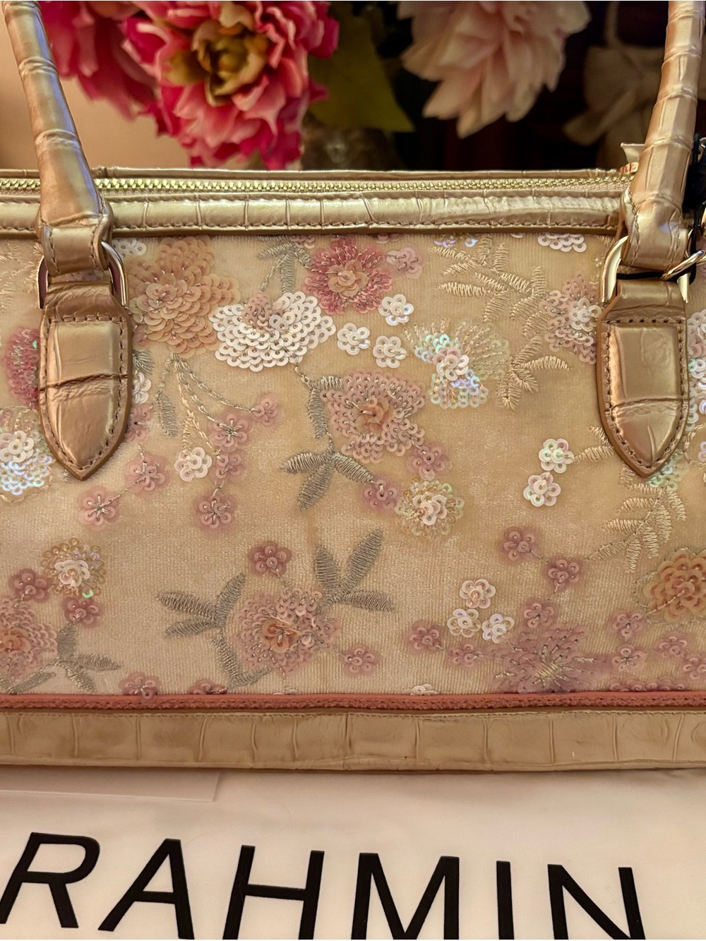 Brahmin Sofia Multi Whimsy Floral Embroidered Satchel with Metallic Trim